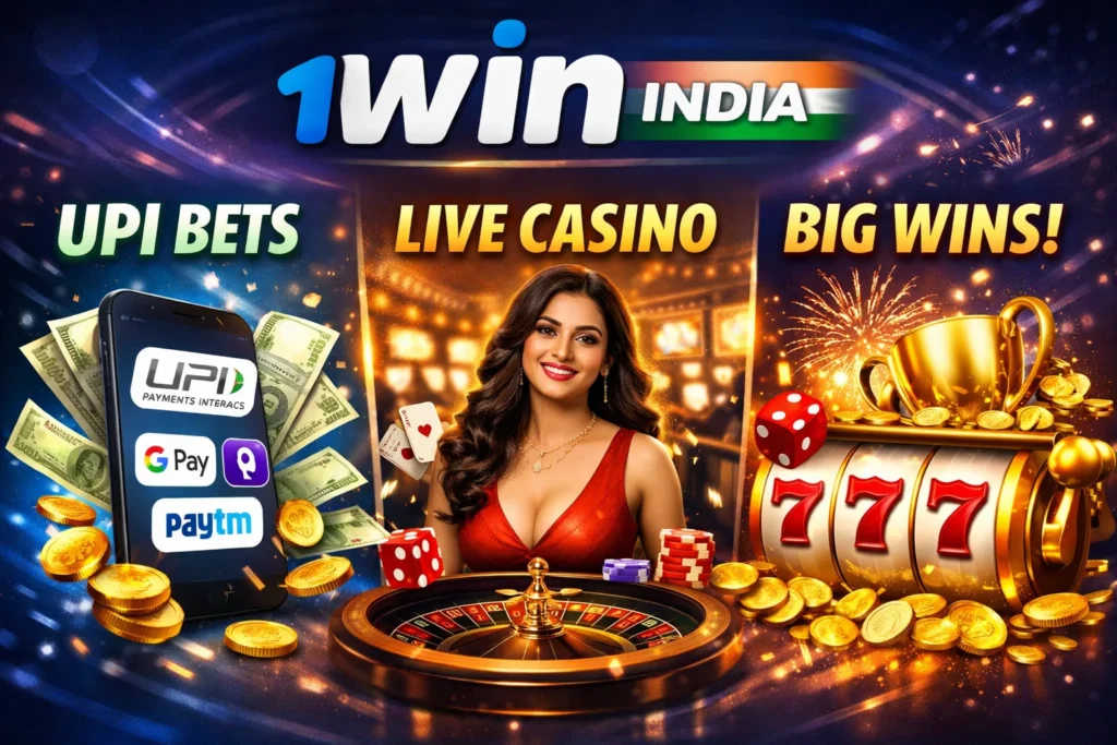 Promotional banner for 1win India featuring a smiling woman in a red dress playing at a glowing slot machine with 777 symbols, surrounded by casino chips, red dice, roulette wheel, UPI payment logos (Paytm, GPay, PhonePe), stacks of Indian rupees and gold coins, smartphone with UPI interface, and bold text: 'UPI BETS | LIVE CASINO | BIG WINS!' with the '1win INDIA' logo in blue and orange